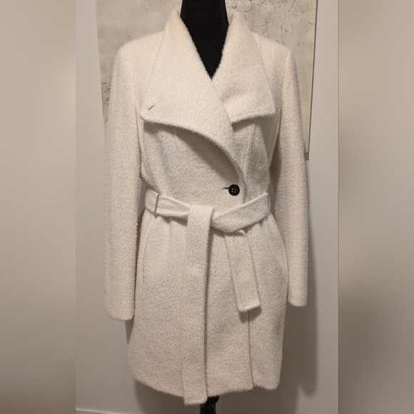 Calvin Klein Jackets & Blazers - Calvin Klein belted asymmetrical furry off white coat jacket, size L, like new!